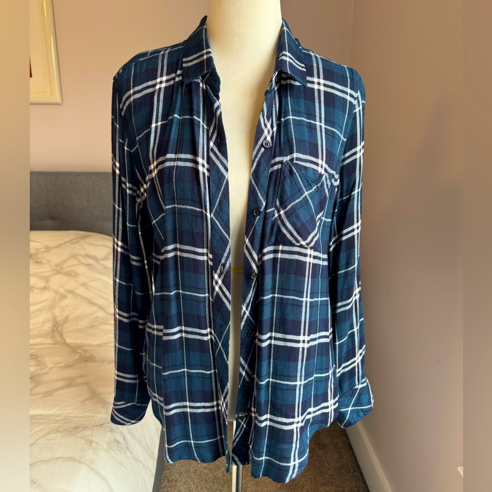 Rails Hunter Blue Plaid Button Down Top Size M
